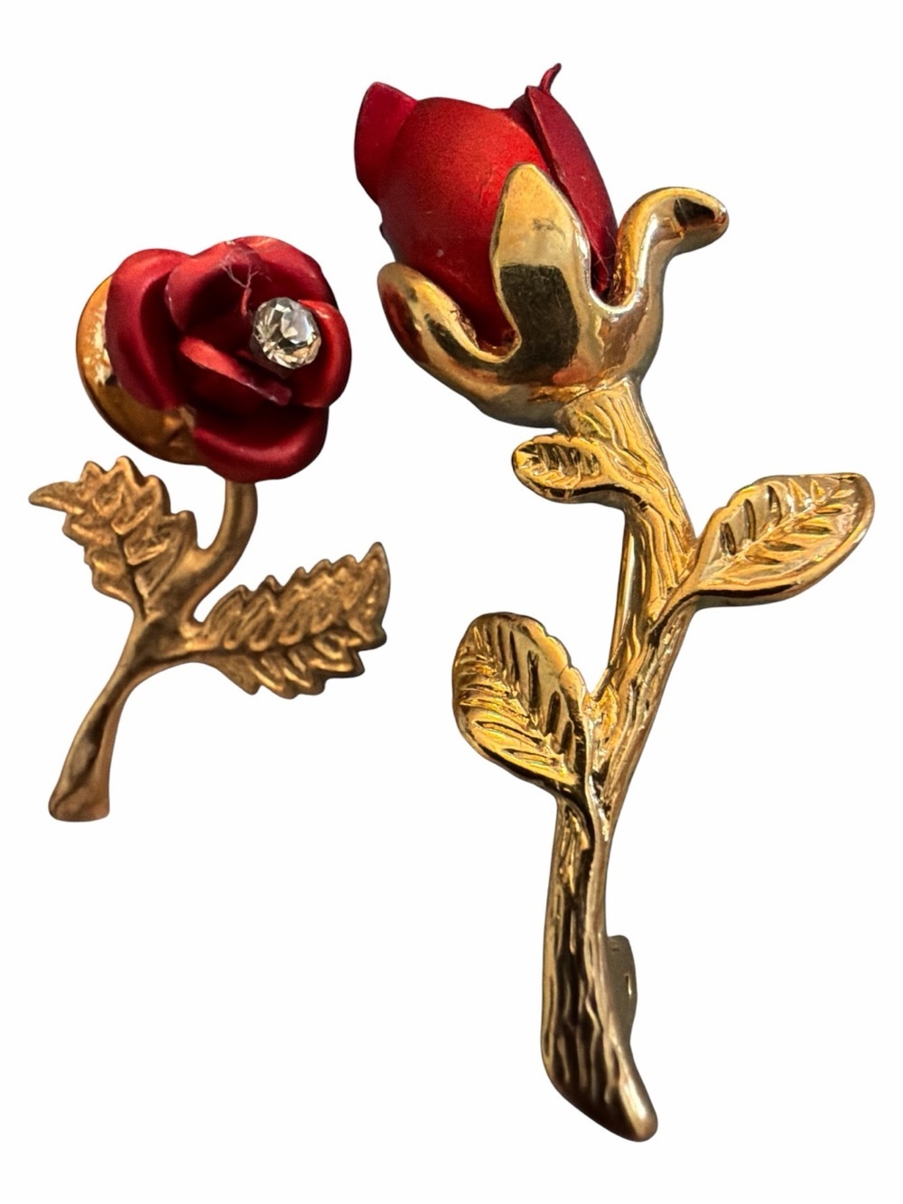 Vintage Gold-Tone Red Rose Flower Pin Brooch Set